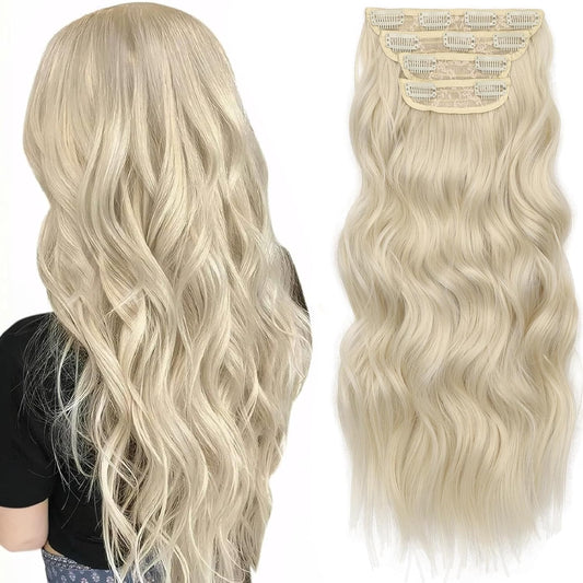 KooKaStyle Clip in Synthetic Hair Extensions Long Wavy 4PCS Thick Hairpieces Platinum Blonde Fiber Double Weft Natural Hair Extensions 20 Inch for Women