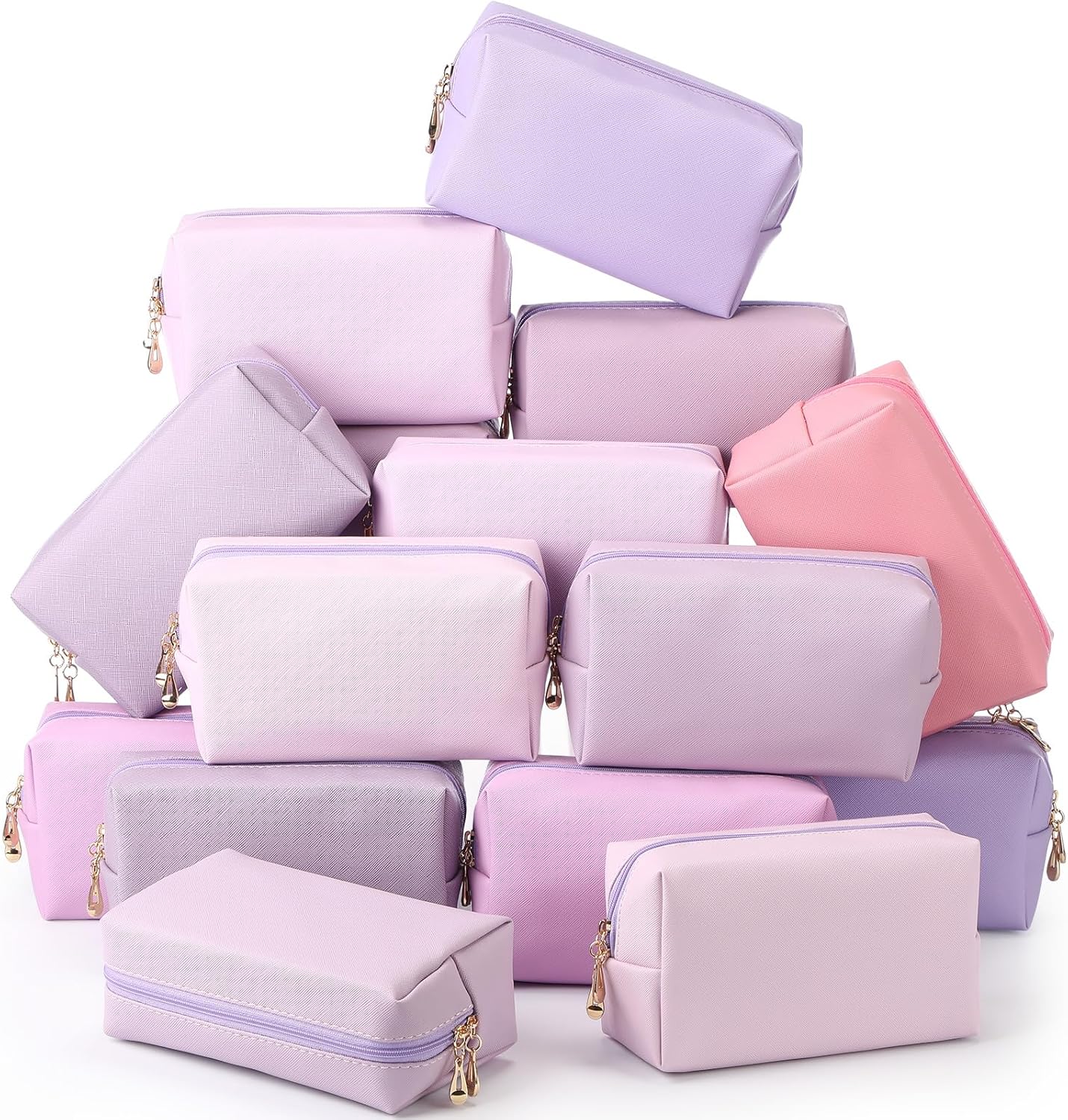 Kigeli 15 Pcs Aesthetic Makeup Bags PU Leather Cosmetic Pouches Waterproof Plain Toiletry Bags Makeup Pouches Bulk for Women Party Gift Travel Storage Organizer(Purple Series)