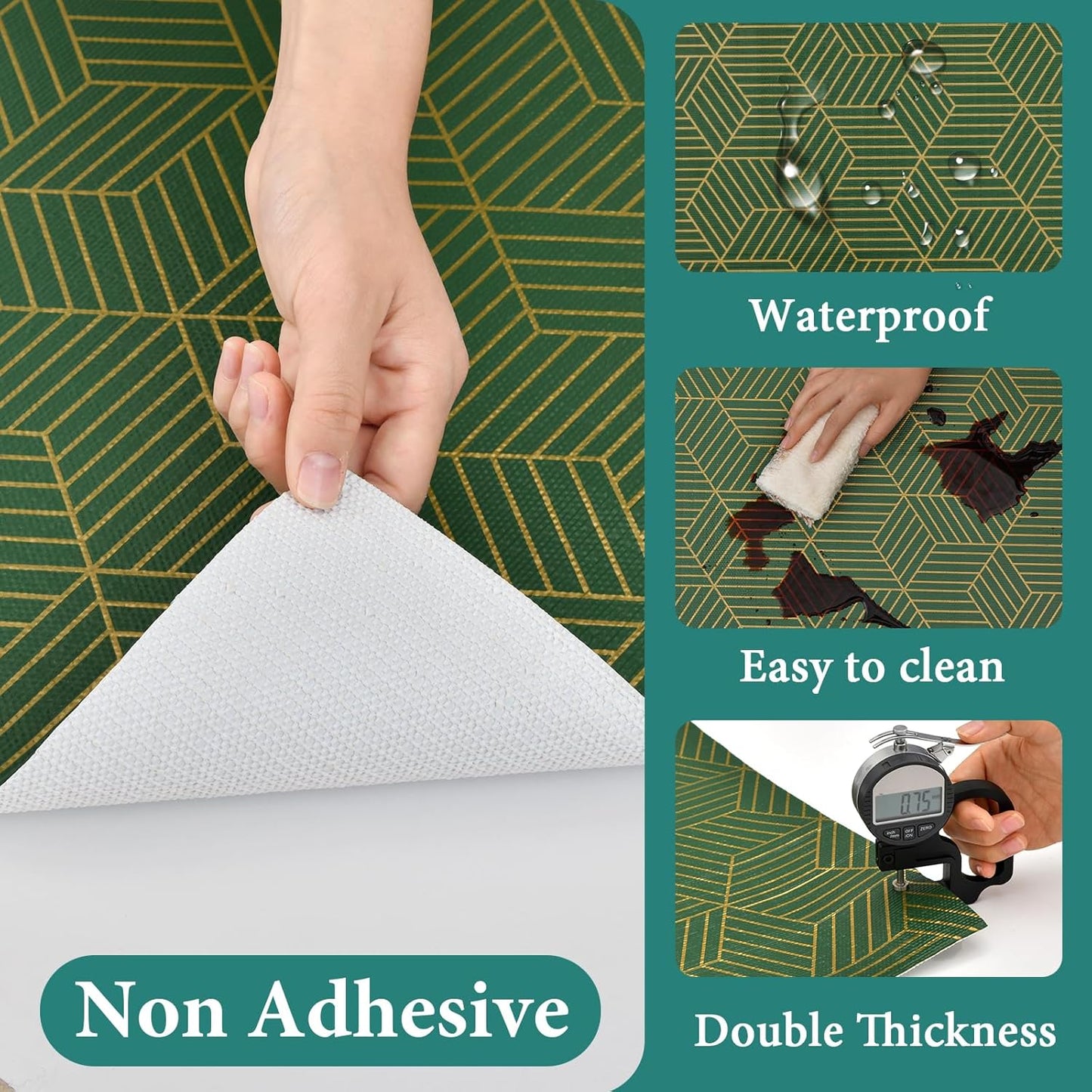 Shelf Liners for Kitchen Cabinets 23.6in x 30FT, Non Adhesive Cabinet Liner Strong Non-Slip Thickened Gold Green Geometric Drawer Liner, Easy to Clean for Shelf, Cabinet with Knife and Tape Measure