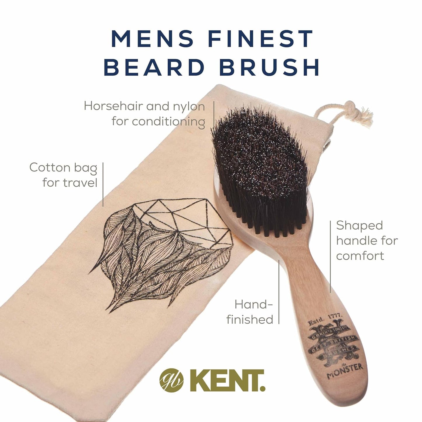 Kent BRD5 Men's Beard and Mustache Brush - Hand-Mixed Horsehair and Nylon Blend for Flawless Shaping and Grooming, Ergonomic Pistol-Like Grip Wood Handle, Dry or Wet Beard, Distributes Oils/Balms