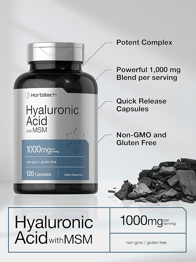 Horbäach Hyaluronic Acid with MSM | 1000 mg | 120 Capsules | Non-GMO and Gluten Free Supplement | Bioavailable Formula