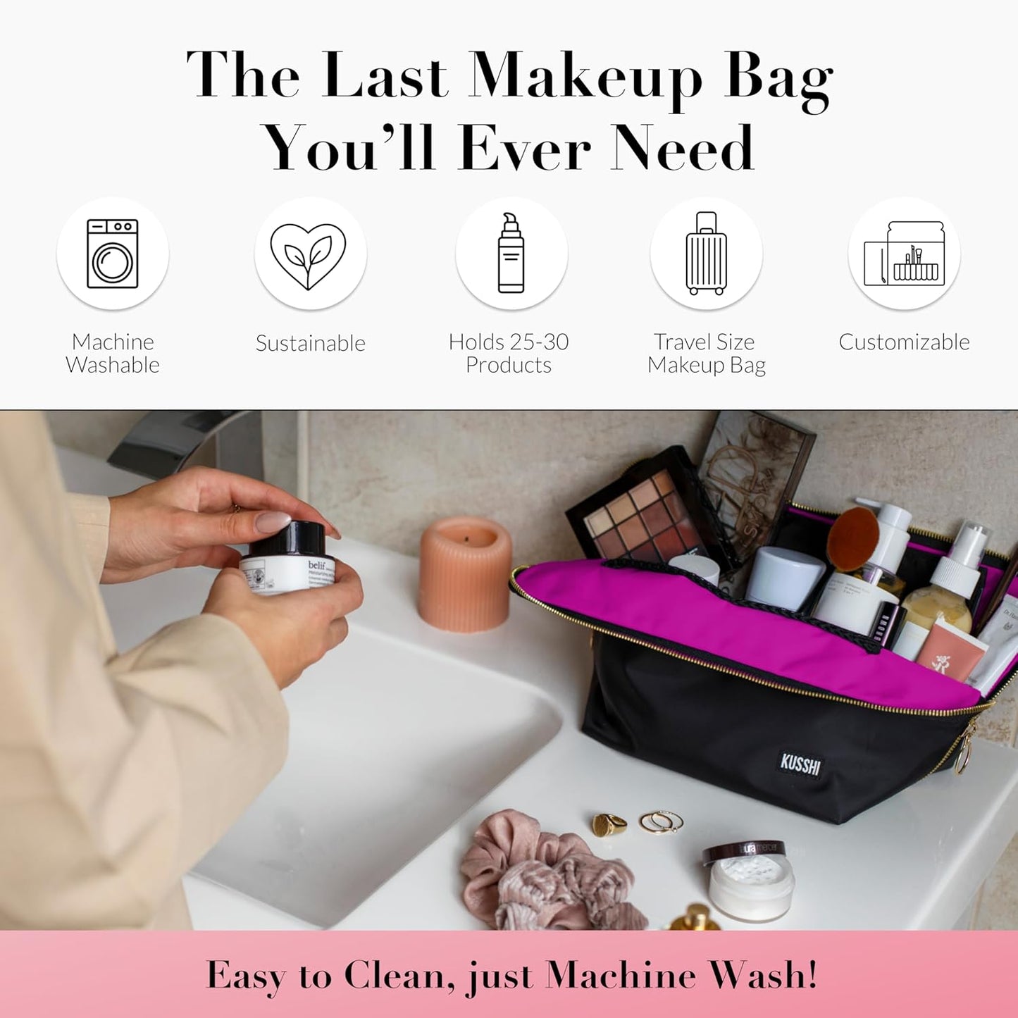 KUSSHI Washable Travel Makeup & Cosmetic Bag - Brush Organizer Sold Separately (Vacationer, Satin Black/Pink)