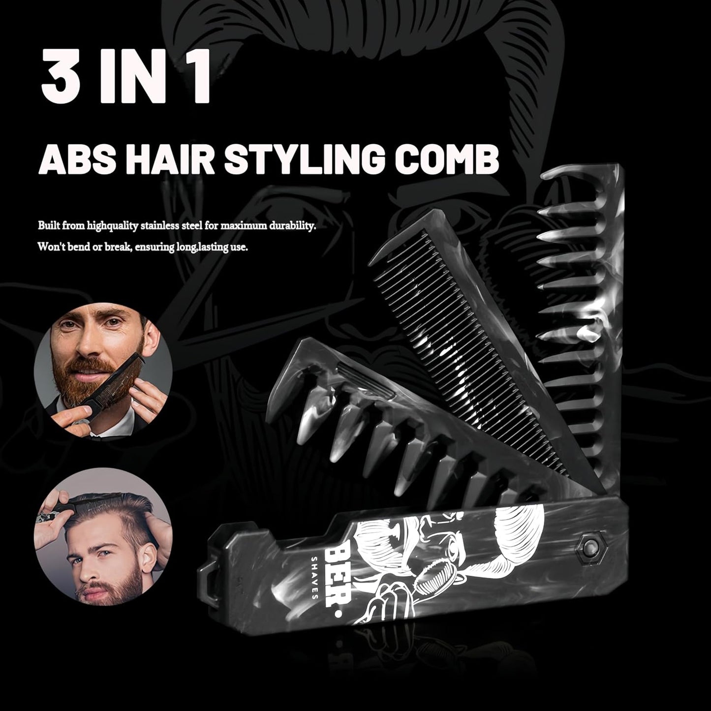 1PC 3 In 1 Folding Pocket Comb for Men, Fine & Wide Tooth for Travel and Everyday Grooming Combing Hair, Beard or Mustache Styling Comb for Slicked-back, Quiff, Pompadour, Fauxhawk, Undercut