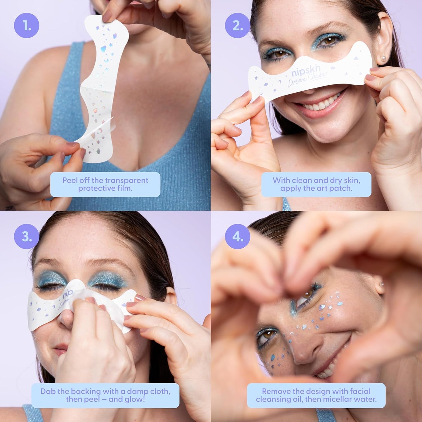 Nipskin Dream Chaser Stick-On Face & Body Art Patches – Metallic Sky Blue Moons, Clouds & Stars – Sweat-Proof, Soft on Skin – 4 Pieces