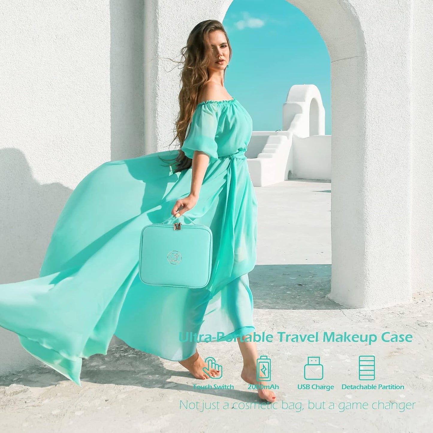 MOMIRA Travel Makeup Bag Cosmetic Bag Makeup Organizer Bag with Lighted Mirror, Adjustable Brightness in 3 Color Scenarios, Waterproof Makeup Train Case, Gift for Women - Aqua Blue