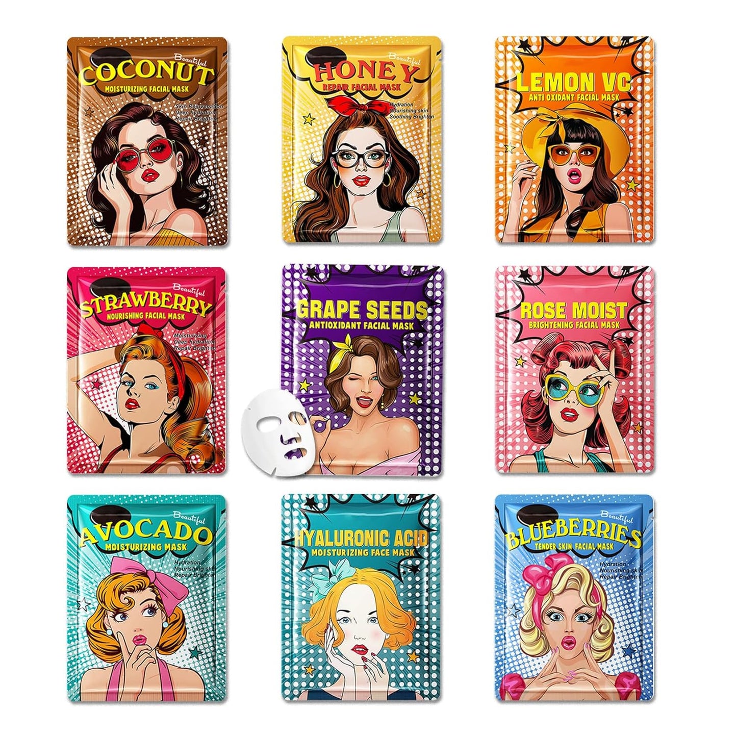 9PCS Hydrating Facial Sheet Mask,Moisturizing Face Masks Skincare Gift Set,Long Lasting Face Mask Skin Care & Facial Mask Kit for All Skin Types 13