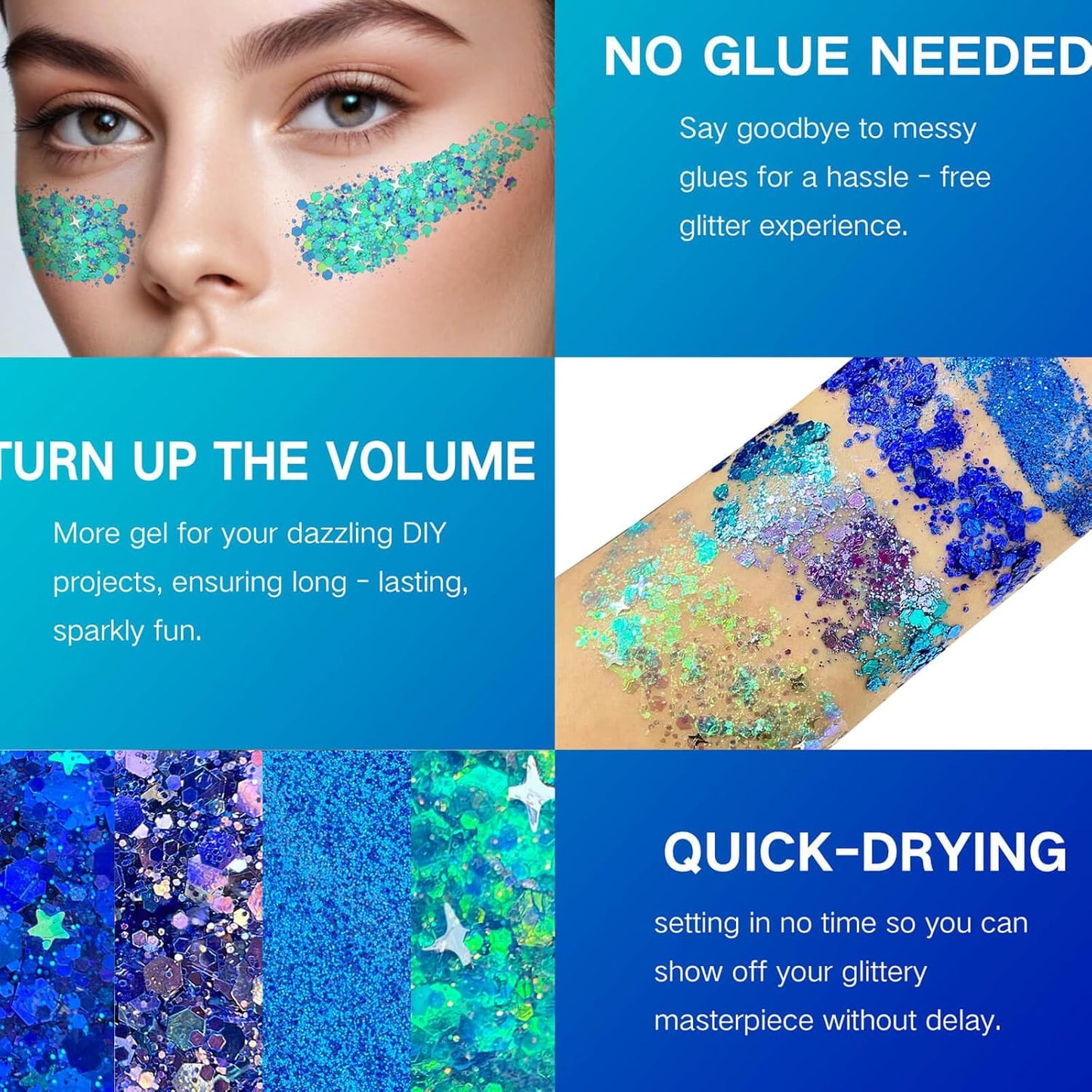 4 Jars Blue Face Glitter,Mermaid Costume for Kids,Sparkle Body Hair Glitter Face Paint,Singer Concert Rave Festival Glitter Accessories,40g/1.41 oz
