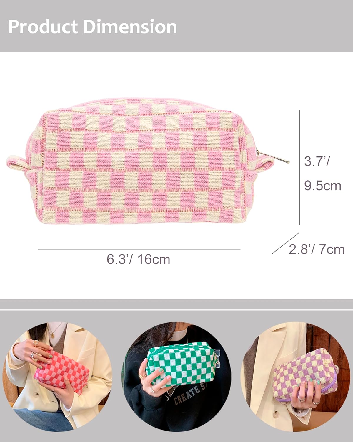 PAZIMIIK 6PCS Checkered Makeup Bag for Purse Portable Zipper Make Up Pouch Small Cosmetic Case for Travel Accessories Pink Beige
