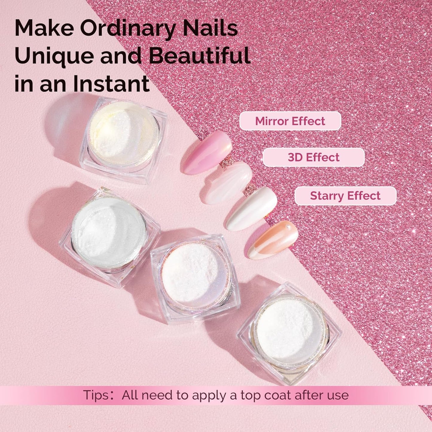 MelodySusie 4Pcs Chrome Nail Powder for Gel Nails, Aurora Fine Glitter Powder Mirror Effect Pigment Pearlescent Mermaid Pigment Pearl Glitter for Home DIY Salon Use