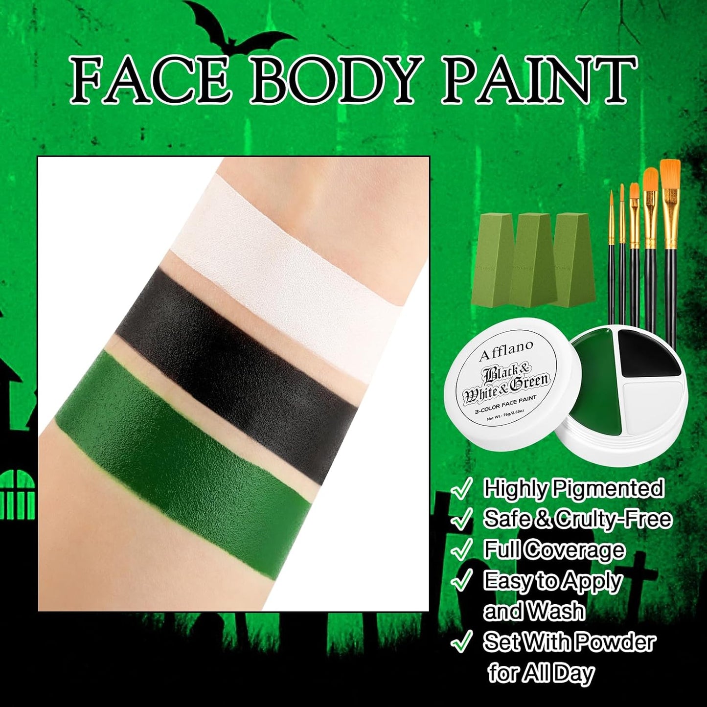 Black White Green Face Body Paint, Halloween Wicked Witch Green Makeup Kit (3 Sponges + 5 Brushes), 9 Pcs Oil Based Non Toxic green Face Painting Kit for Hulk, SFX, Hunting, Zombie, Costume, Cosplay