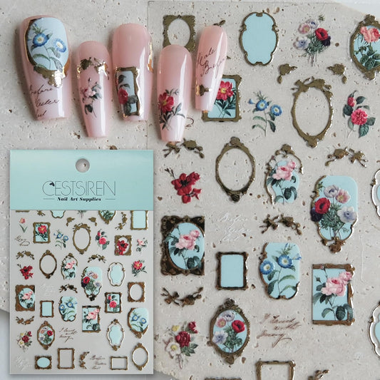 Golden Frame Flower Nail Art Stickers, Embossed Nail Decals,Vintage Floral for Nail Art Design, Self-Adhesive, Nail Accessories for Women,Aesthetic Nail Art Supplies