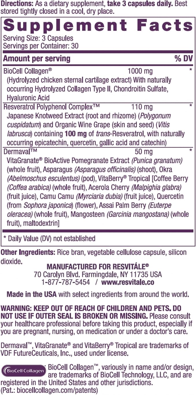 ResVitale Ultra Collagen Enhance - Skin Care Supplement with Resveratrol - 90 Veggie Capsules