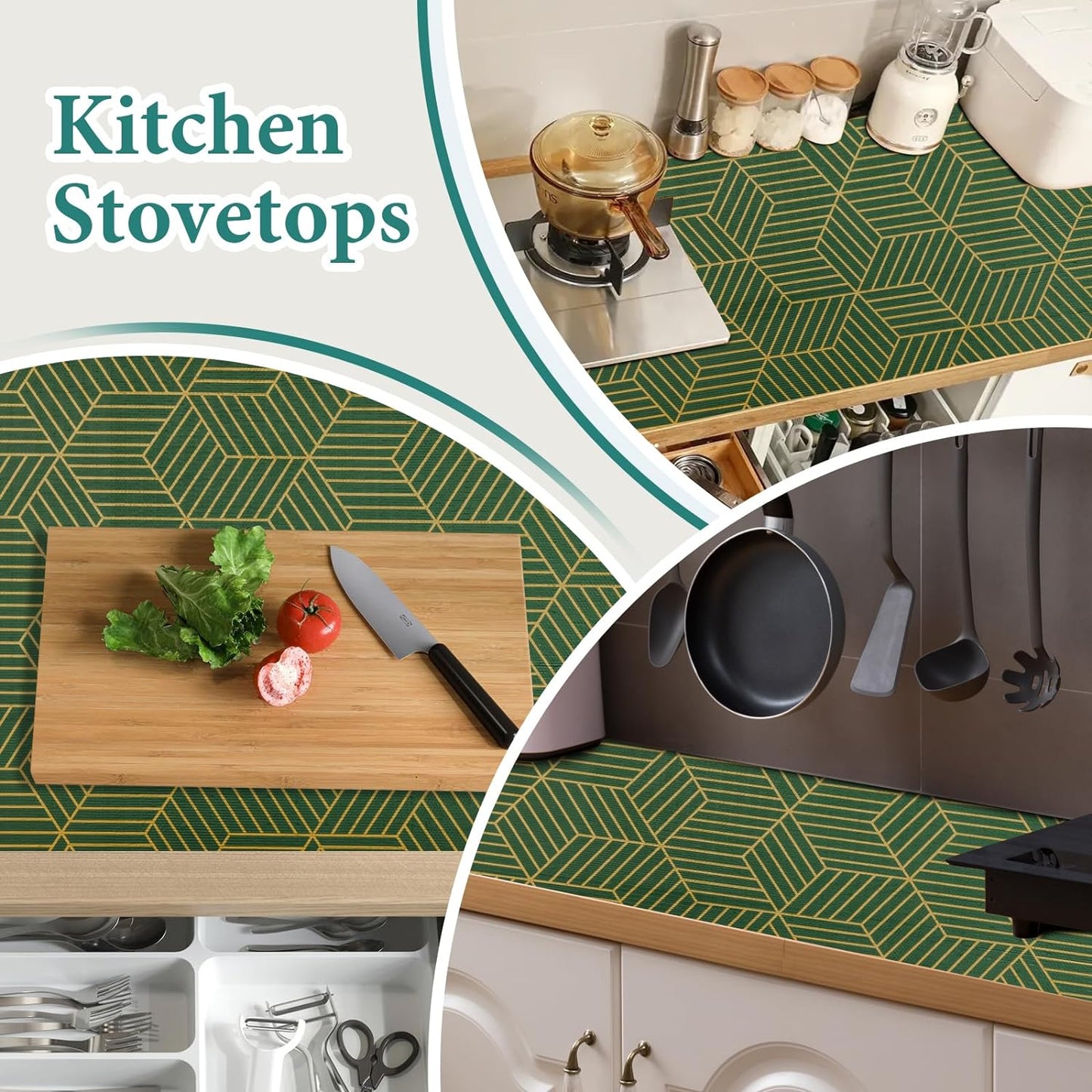 Shelf Liners for Kitchen Cabinets 23.6in x 30FT, Non Adhesive Cabinet Liner Strong Non-Slip Thickened Gold Green Geometric Drawer Liner, Easy to Clean for Shelf, Cabinet with Knife and Tape Measure