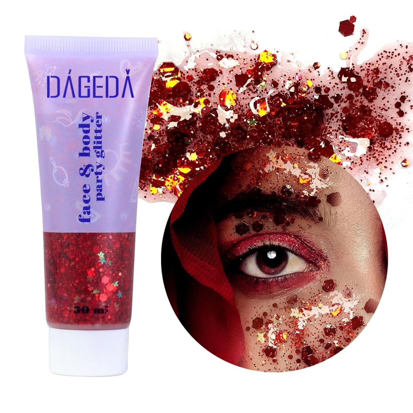DAGEDA Body Glitter Gel, Face Glitters Body Gel Sequins Shimmer Liquid Eyeshadow, Chunky Glitter for Face Hair Nails, Holographic Cosmetic Laser Powder Festival Glitter Makeup 50ml(Red)