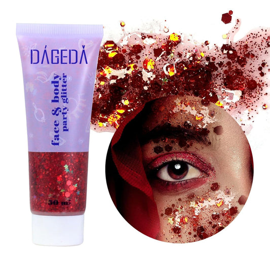 DAGEDA Body Glitter Gel, Face Glitters Body Gel Sequins Shimmer Liquid Eyeshadow, Chunky Glitter for Face Hair Nails, Holographic Cosmetic Laser Powder Festival Glitter Makeup 50ml(Red)