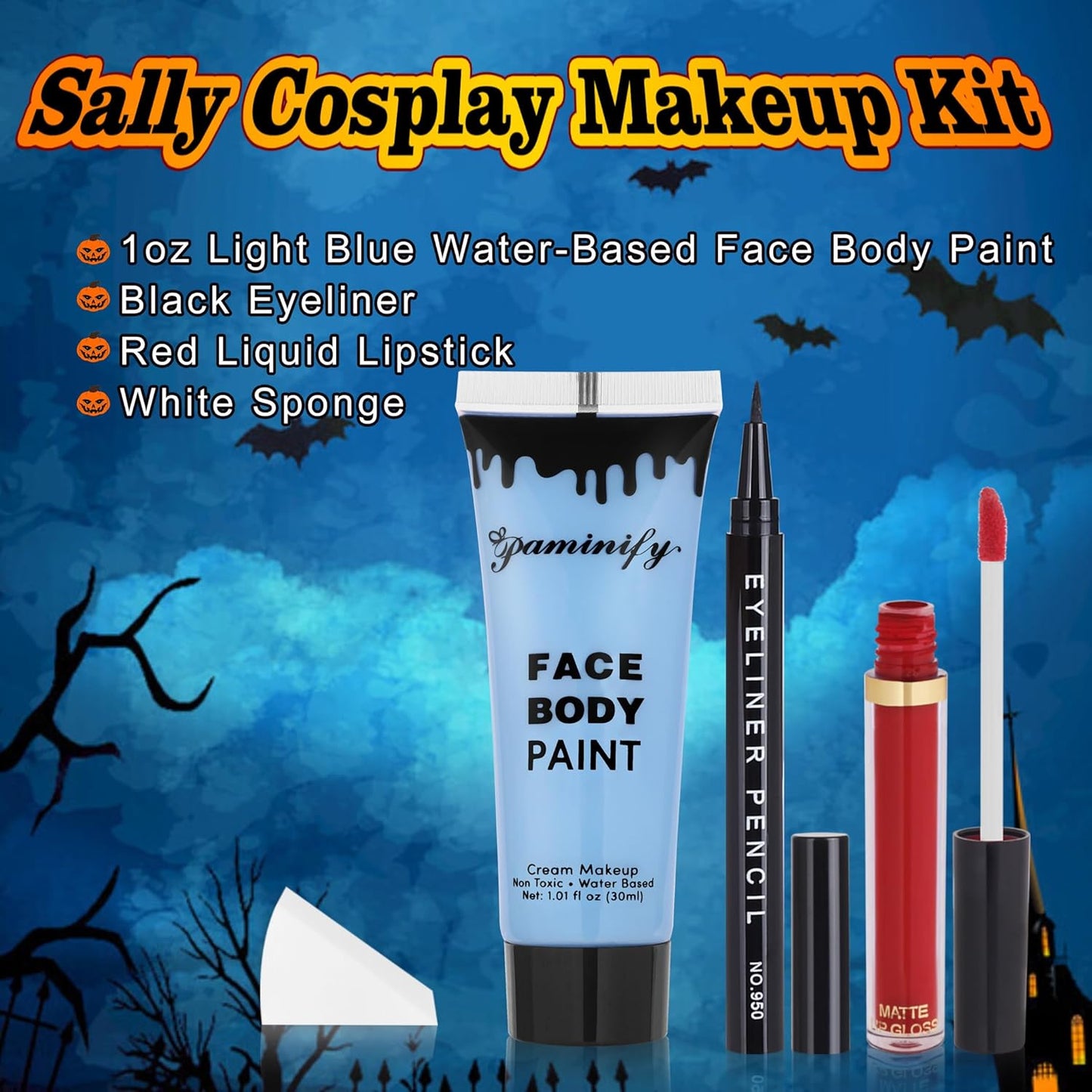 Sally Makeup Kit,Corpse Bride Halloween Makeup Kit,Water Based Light Blue Face Body Paint+Black Eyeliner+Red Lipstick+Sponge,Baby Blue Face Painting Kit for Sally Costume Cosplay