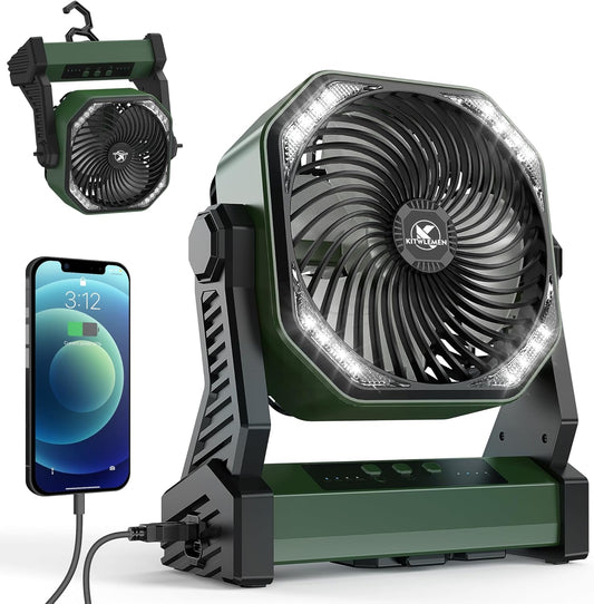 KITWLEMEN 20000mAh Battery Powered Camping Fan - 58H Max Cooling, Rechargeable Battery Operated Desk Fan with 4 Speeds, Bright Light & Hanging Hook, Portable for Tent Outdoor Hurricane Power Outage