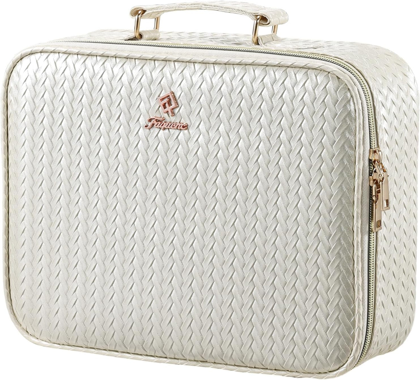 Makeup Bag with LED Lighted Mirror 12.2 IN Travel Makeup Bag Adjustable Brightness in 3 Colors Cosmetic Organizer Artist Storage Bag with Dividers Brush Holder Bag Vanity Beige