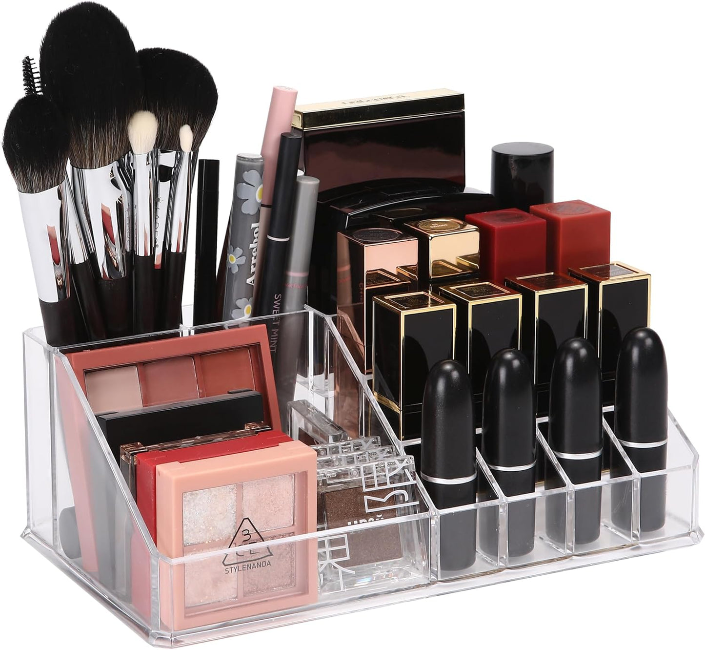 Sea Team 16-Slot Acrylic Plastic Lipstick Organizer, Clear Lipstick Holder, Makeup Storage Box, Cosmetic Display Case for Lippie, Lip Gloss, Eye Liner, Eyebrow Pencil, Nail Polish, Essence, Brush