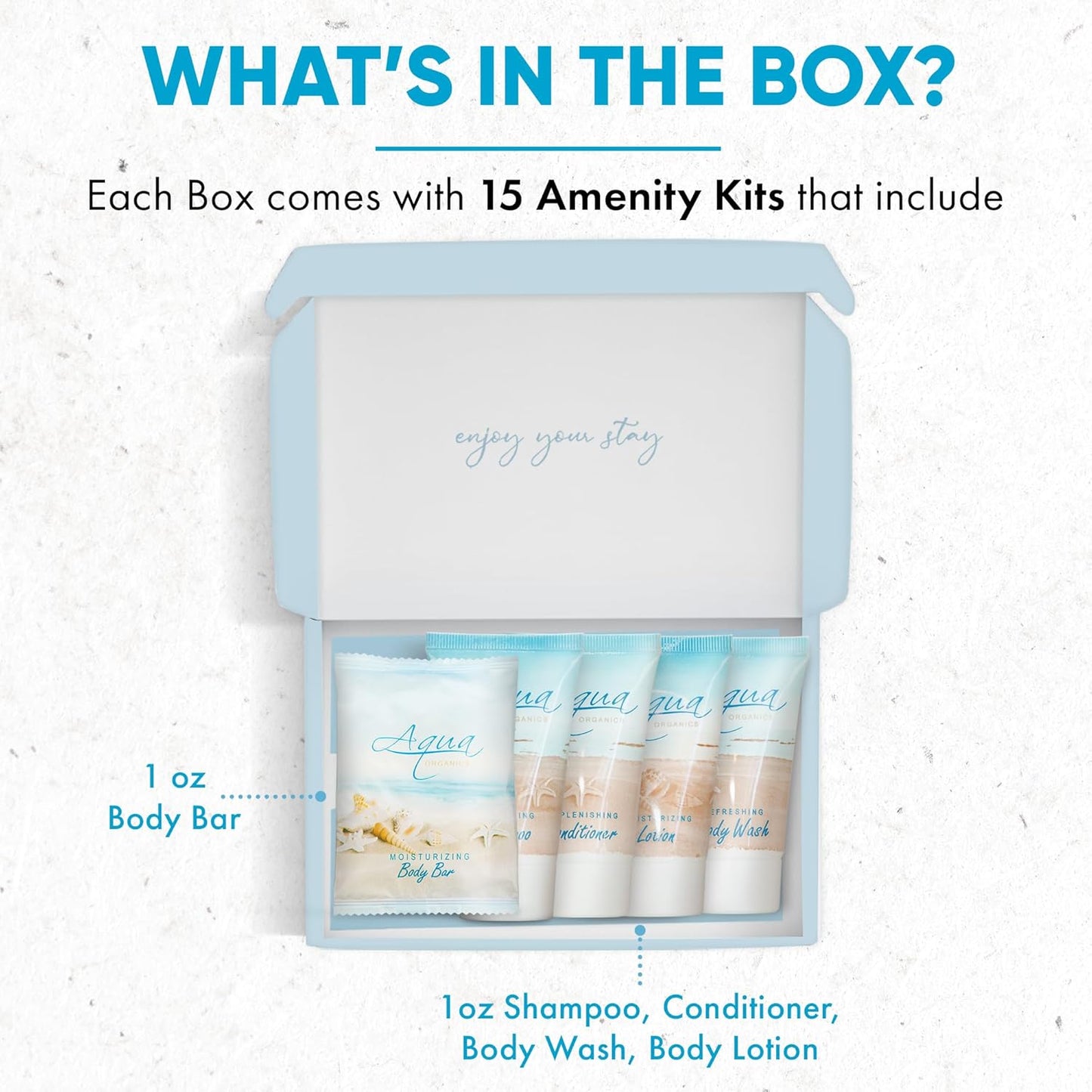 1-Shoppe Aqua Organics Amenity Kit | Boxed Hotel Toiletries Bulk Set | 1 oz Shampoo, Conditioner, Lotion, Body Wash & Bar Soap | 75 Sets per Case