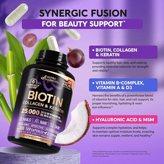 Biotin | Collagen | Keratin - Clinically Tested Supplement - Hair Growth Support, Skin & Nails - 25000 mcg Vitamins B2, B3, B6 & B7 + B1 & Hyaluronic Acid - Made in USA - Women & Men | 120 Capsules