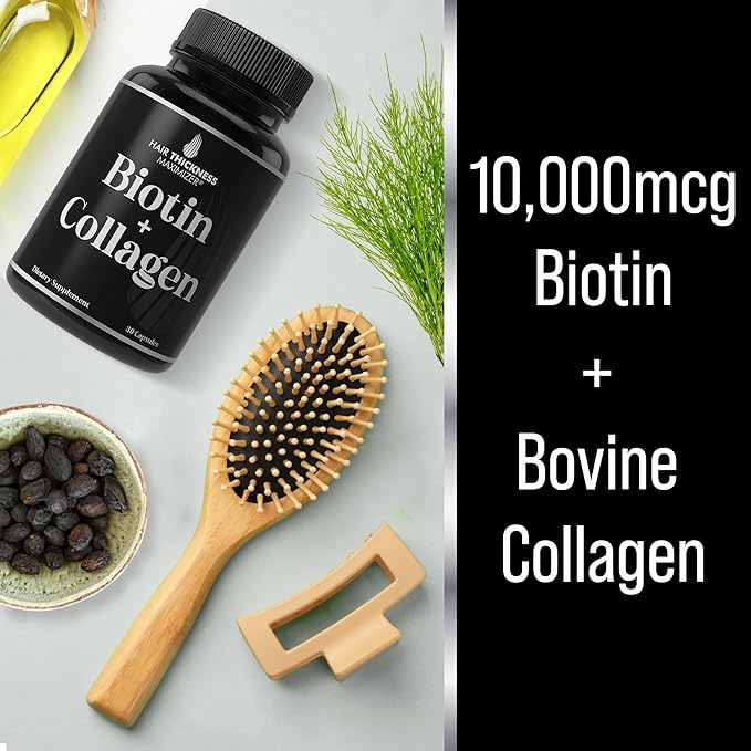 Biotin and Collagen Supplement – 10,000mcg Biotin + Bovine Collagen for Thinning & Brittle Hair. Advanced 2-in-1 Vitamin Complex. Supports Thicker, Healthier Hair Growth for Women, Men