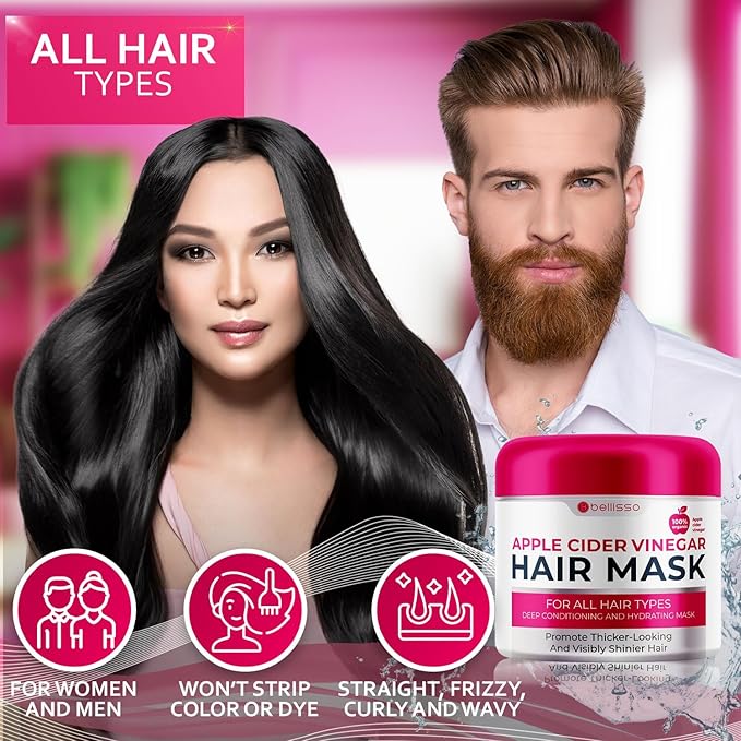 Apple Cider Vinegar Deep Conditioning Mask - Treatment for Dry Damaged Hair and Split End Repair - Sulfate Free Formula with Collagen, Keratin and Argan Oil - For Flaky Scalp and Dandruff Relief