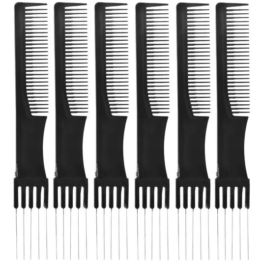 FUTAI Salon Style Hair Combs Black 6 Packs Handmade Hair Pick Barber Comb Carbon Fiber Lift Teasing Comb with Stainless Steel Metal Prong