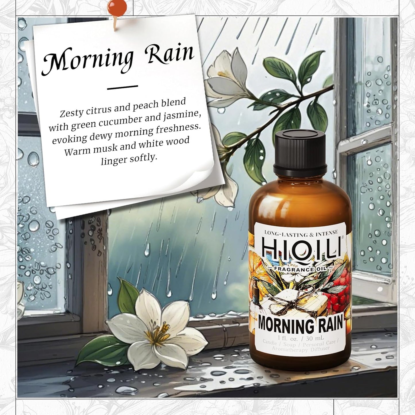 HIQILI Morning Rain Fragrance Oil for Soap, Candle & Hair Conditioner Making, Fresh Scent for Home, Car Diffuser - 1 Fl Oz