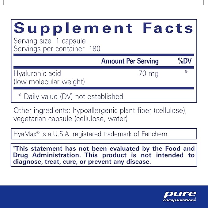 Pure Encapsulations Hyaluronic Acid - for Skin Hydration, Joint Lubrication & Joint Health* - Effective Absorption - Gluten Free - Vegan & Non-GMO - 180 Capsules