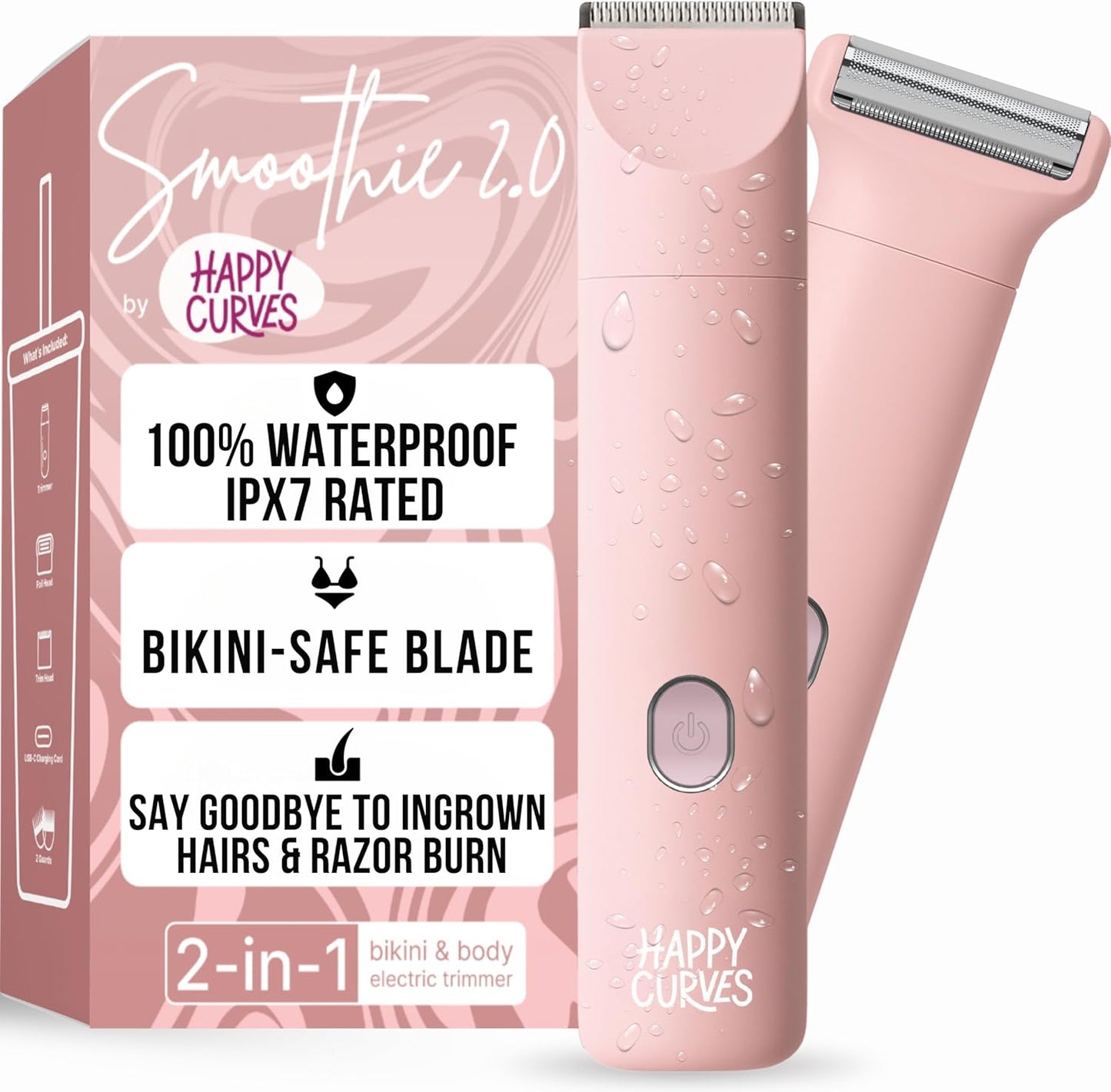HAPPY CURVES Smoothie 2.0 Bikini Trimmer - Electric Razor for Women, Waterproof Hair Groomer with Adjustable Guards, Personal Shaver for Pubic Hair, Ladies Intimate Shaver and Body Trimmer (Guava)