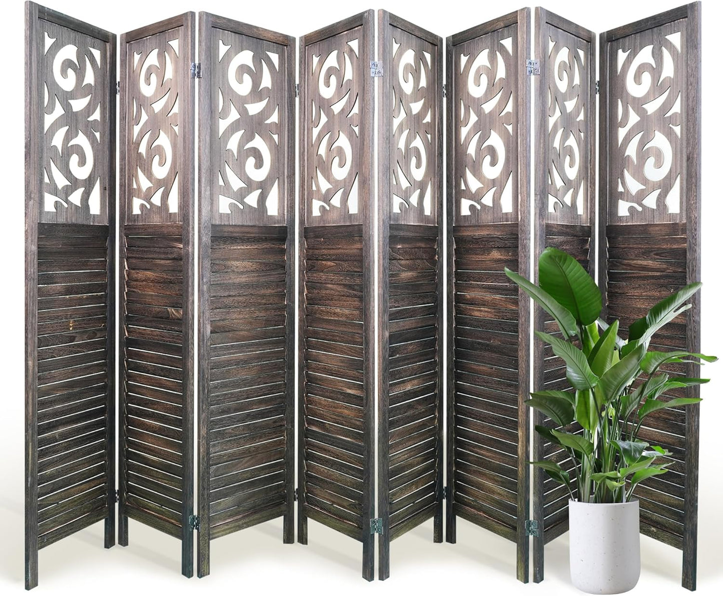 8 Panel Room Divider 5.6FT Wood Carved Room Dividers, Folding Privacy Screens Portable Freestanding Partition Wall Dividers for Bedroom, Office, Rustic Brown