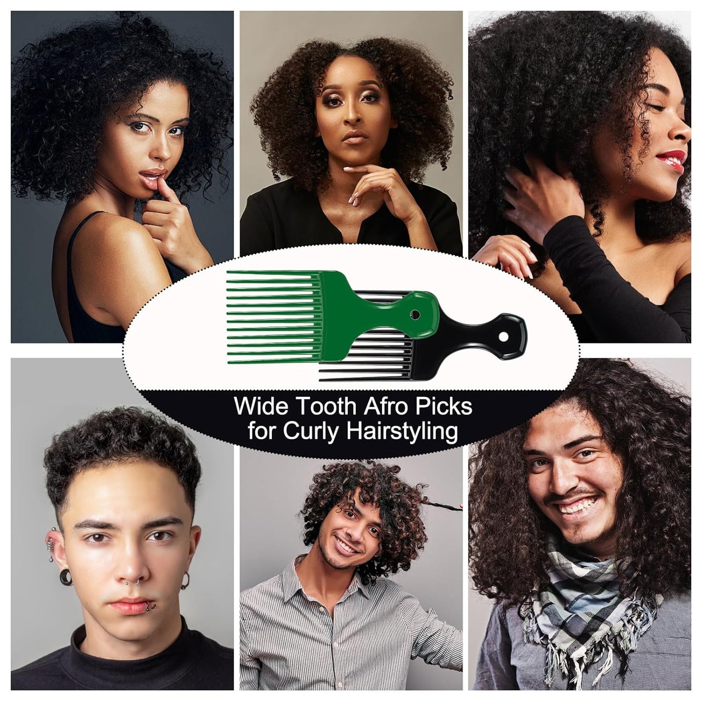 2 Pcs Hair Pick Comb Wide Tooth Lift for Hair Styling Detangling Plastic Afro Comb for Women Men (Black, Green)