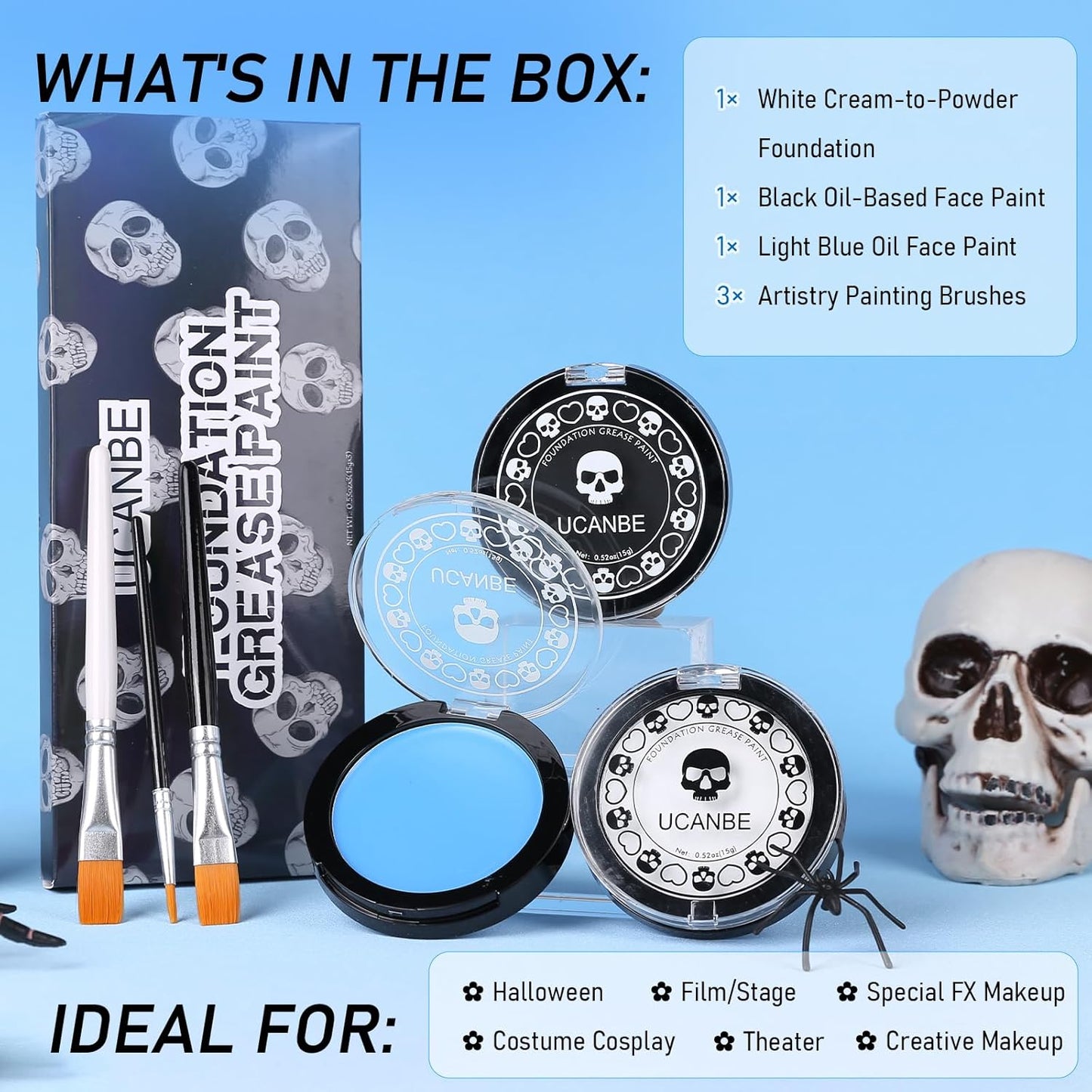 White Black & Light Blue Face Body Paint for Halloween Sally & Corpse Bride Makeup, Non-Toxic Face Painting Kit with Brushes for Kids Adults Smurf Avatar Mermaid & Demon Costume Cosplay SFX Make Up