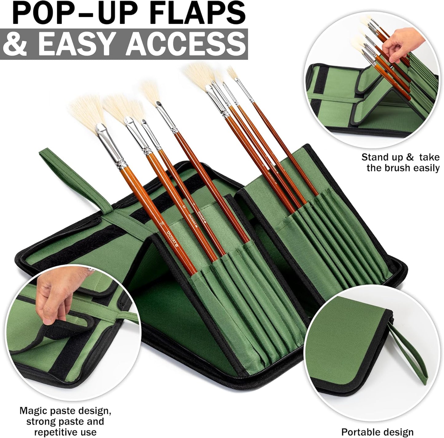 DUGATO Long Canvas Paint Brush Holder Zippered 5.7x14.8 inch, Premium Art Case for Brushes Long Handle up to 13" Length, 15 Slots Storage for Artist (Brush Not Included) - Green