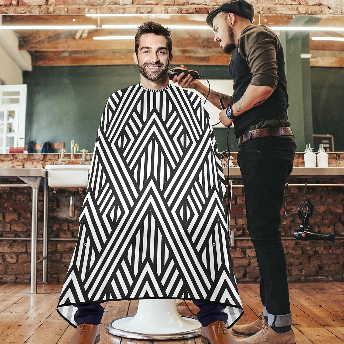 visesunny Barber Cape Black Stripe Polyester Hair Cutting Salon Cape Apron Anti-Static Haircut Water-Resistant Shaving Cloth Beard Shaving Bib Hairdressing Cape