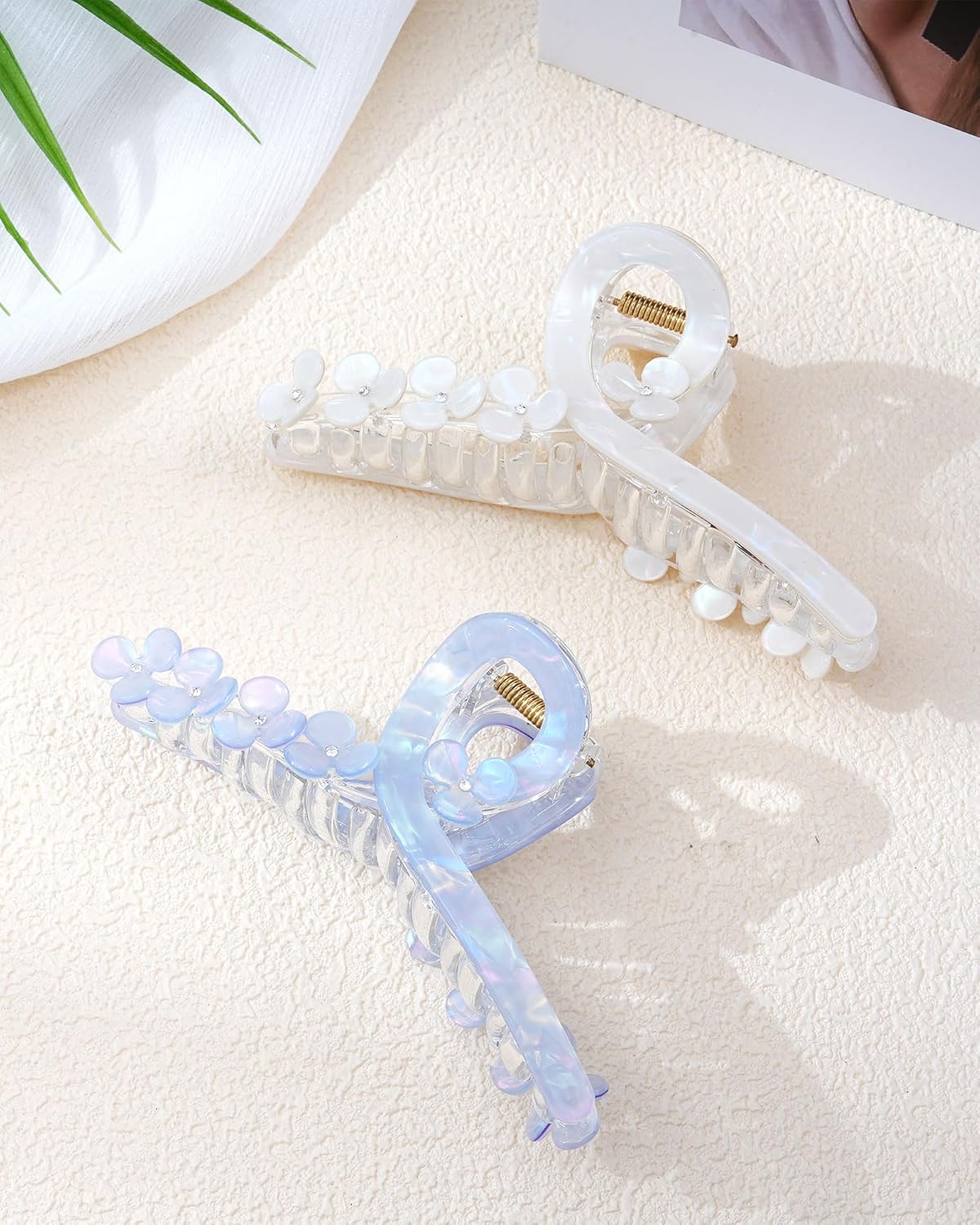 HOKEMP Large Hair Claw Clips for Women, 2 Pack Mermaid Acrylic 3D Flower Claw Clips for Thin & Thick Hair Styling Hair Accessories (White Mermaid + Blue Mermaid)
