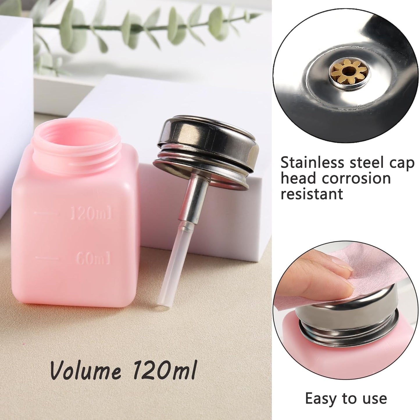 Pump Dispenser 120ml Metal Push Down for Alcohol, Eye Makeup Remover, Nail Polish Remover - 200Pcs Lint Free Nail Wipes Included