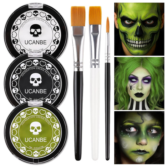 White Foundation + Black Green Face Body Paint with Painting Brushes Halloween Makeup Set, Kids Adults Facepaint Kit for Witch Monster Grinch Shrek Hulk Alien Special Effects Make Up Cosplay Party