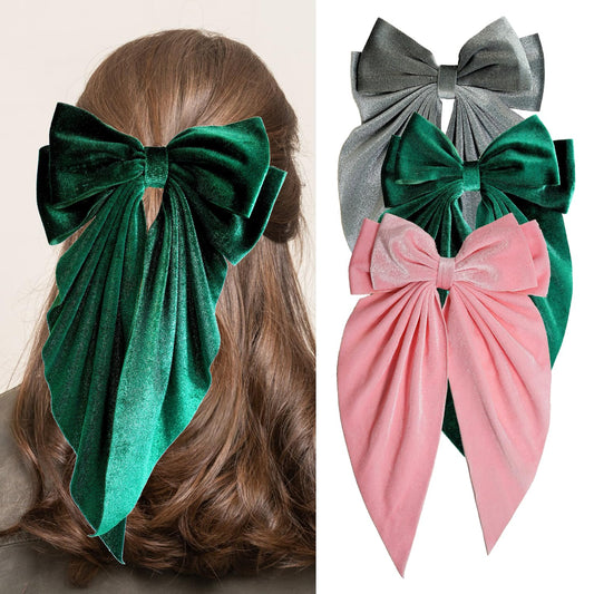 3 PCS Large Velvet Hair Bows, Oversized Long Tail Bows with Aliigator Clips, Coquette Hair Accessories for Women and Girls (Grey - Green - Pink)