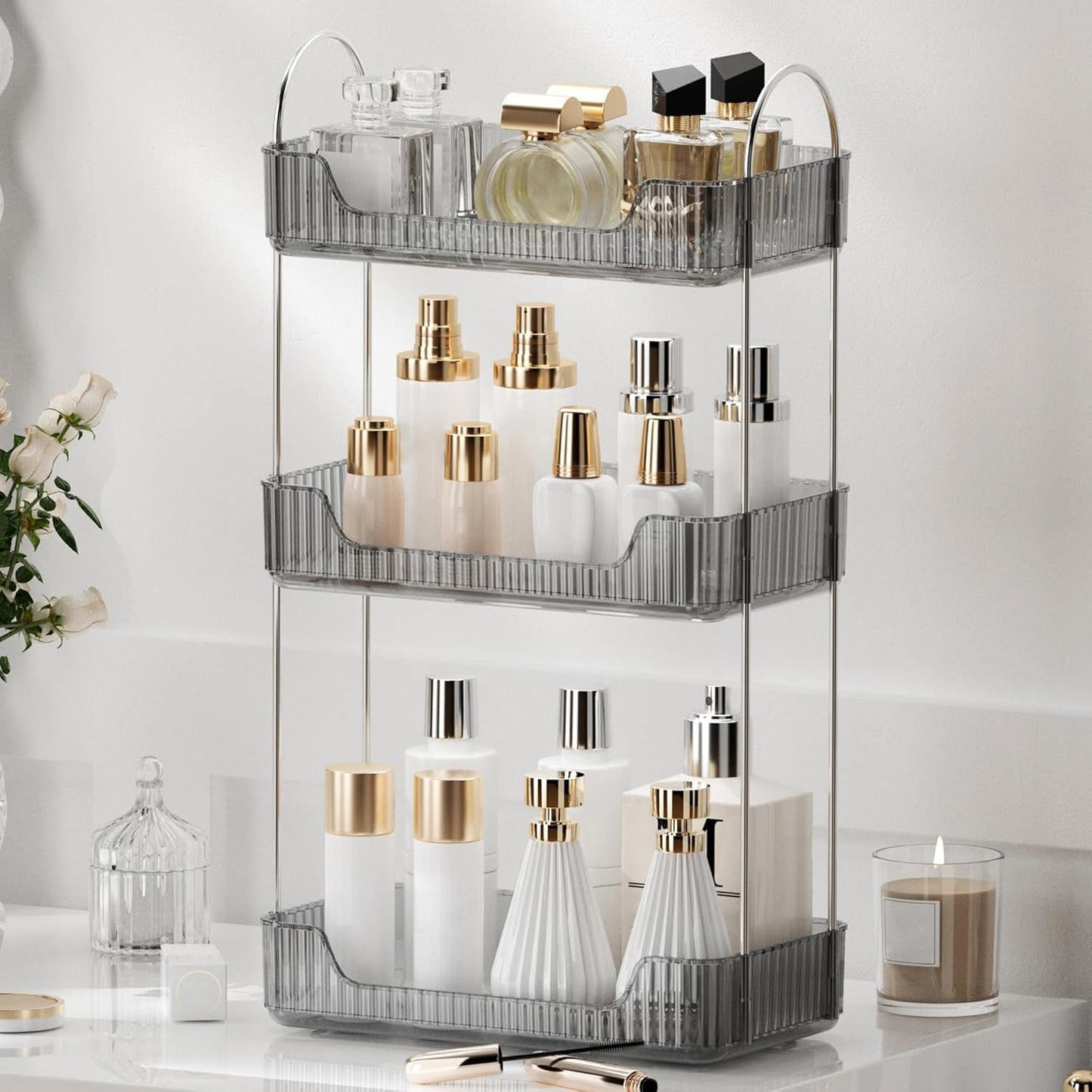 YCIA&DONE Bathroom Organizer Countertop, Makeup Storage, Skincare Cosmetic Tray Shelf, Perfume Holder Rack for Vanity Counter, Large Capacity, Easy to Install, Clean, 3 Tiers, Smoky Gray
