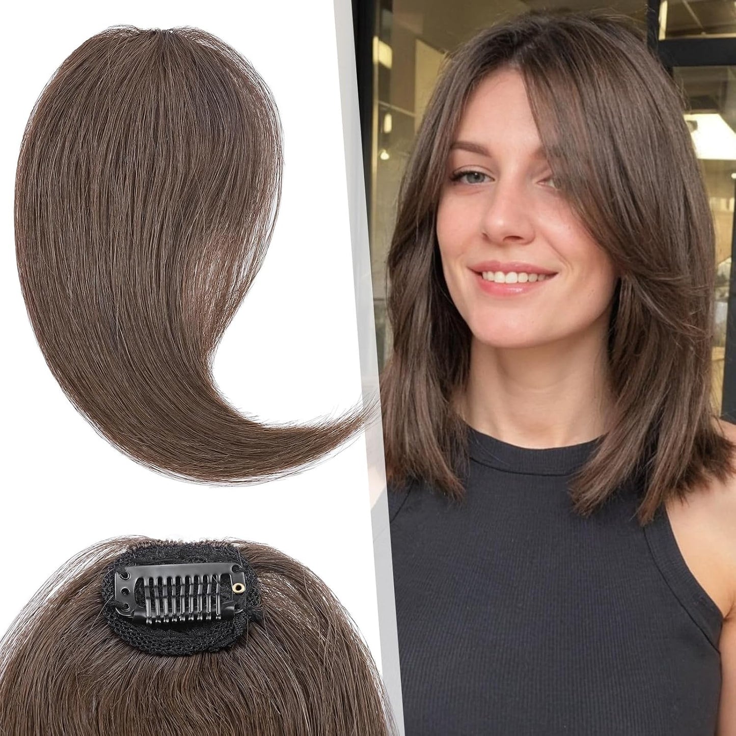 Hairro Clip in Wave Side Bangs Extensions, 100% Human Hair 2 PCS Clip on Middle Part French Bangs Thin Sides Swept Fringe Hairpieces