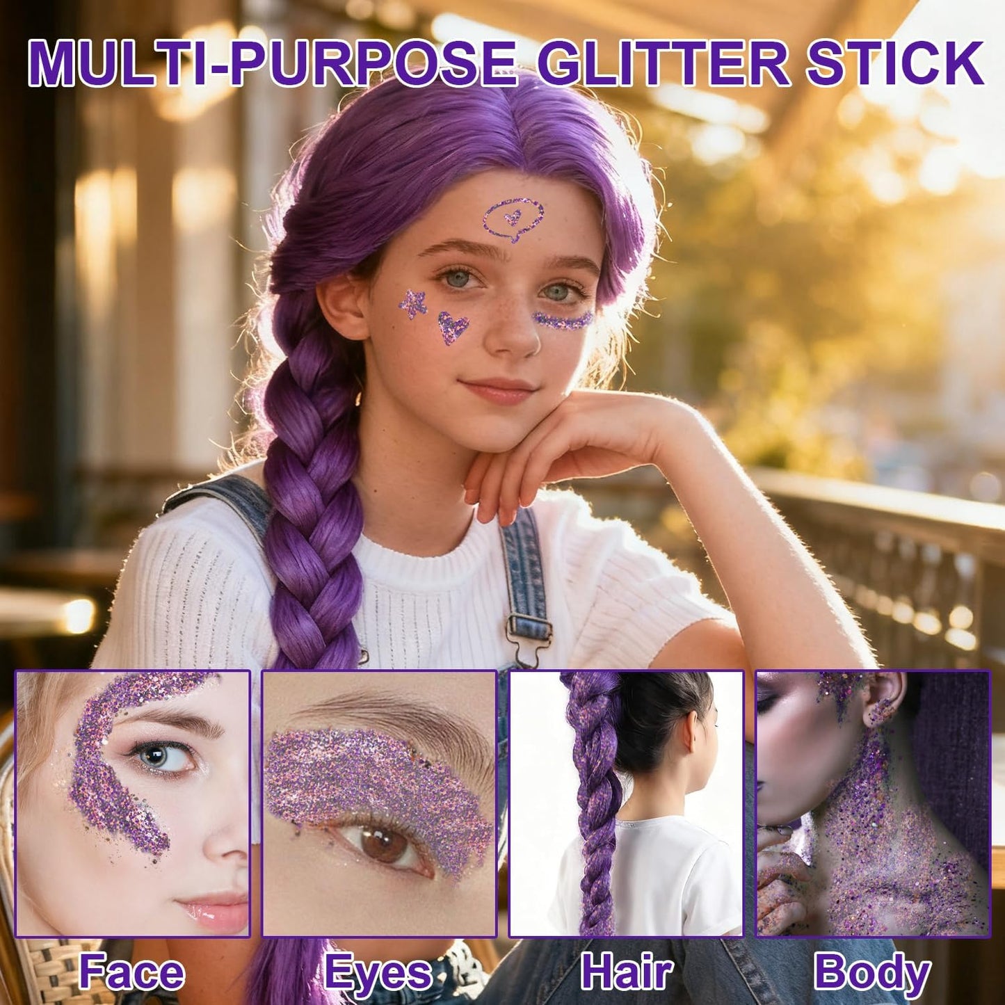 Halloween Body Glitter Stick, Black Orange Purple Sequin Hair Glitter for Rumi Costume Cosplay and Tattoos Makeup, Chunky Glitter Face Paint, Waterproof Face Glitter Gel for Glirs and Women