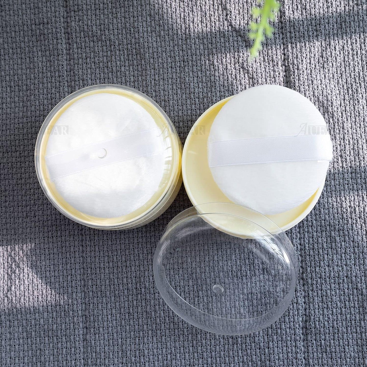 AUEAR, 2 Pcs After-Bath Empty Body Powder Container Puff Box with Powder Puff Sifter for Home and Travel (Yellow, 3.43" x 2.36")