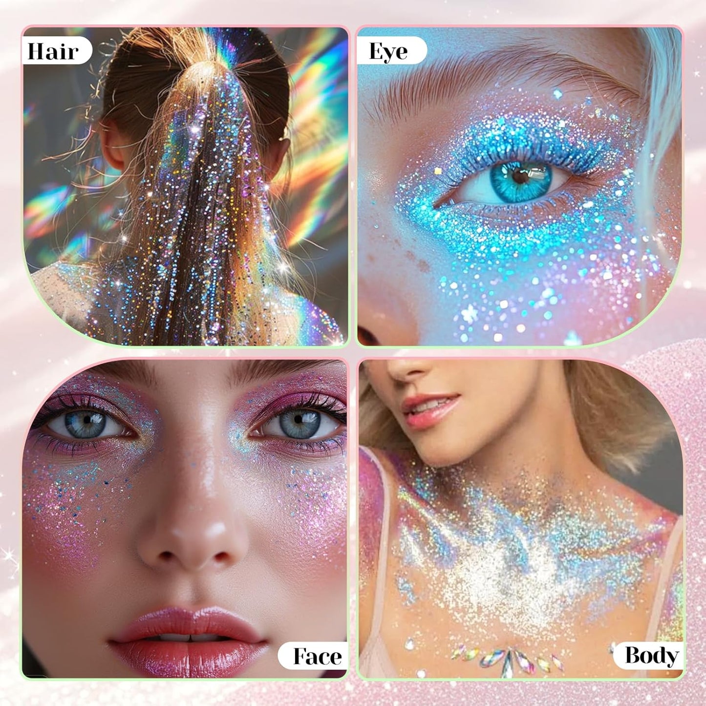 DAGEDA 2 Colors Roll-on Body Glitter, Eye Face Glitter Gel for Festival Outfit Mermaid Accessories,Holographic Color Body Shimmer Makeup Rave Outfits Accessories for Women(03+04)