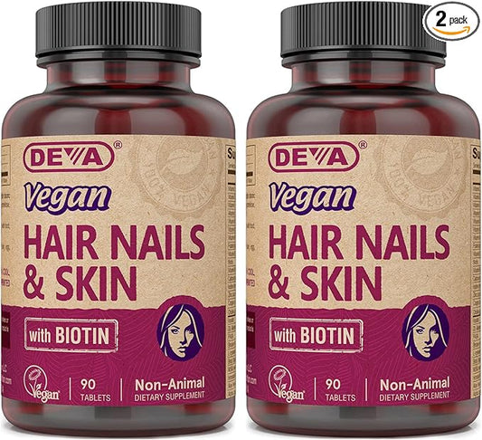 DEVA Vegan Vitamins Hair, Nails & Skin Supplement with 500 mcg of Biotin Per Tablet 90 Tablets (Pack of 2)