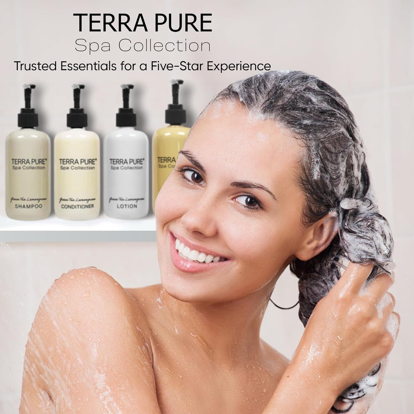 Terra Pure Spa Collection Amenities Set,10.14oz. Pumps (1 of Each) Shampoo, Conditioner, Hand/Body Wash, and Lotion