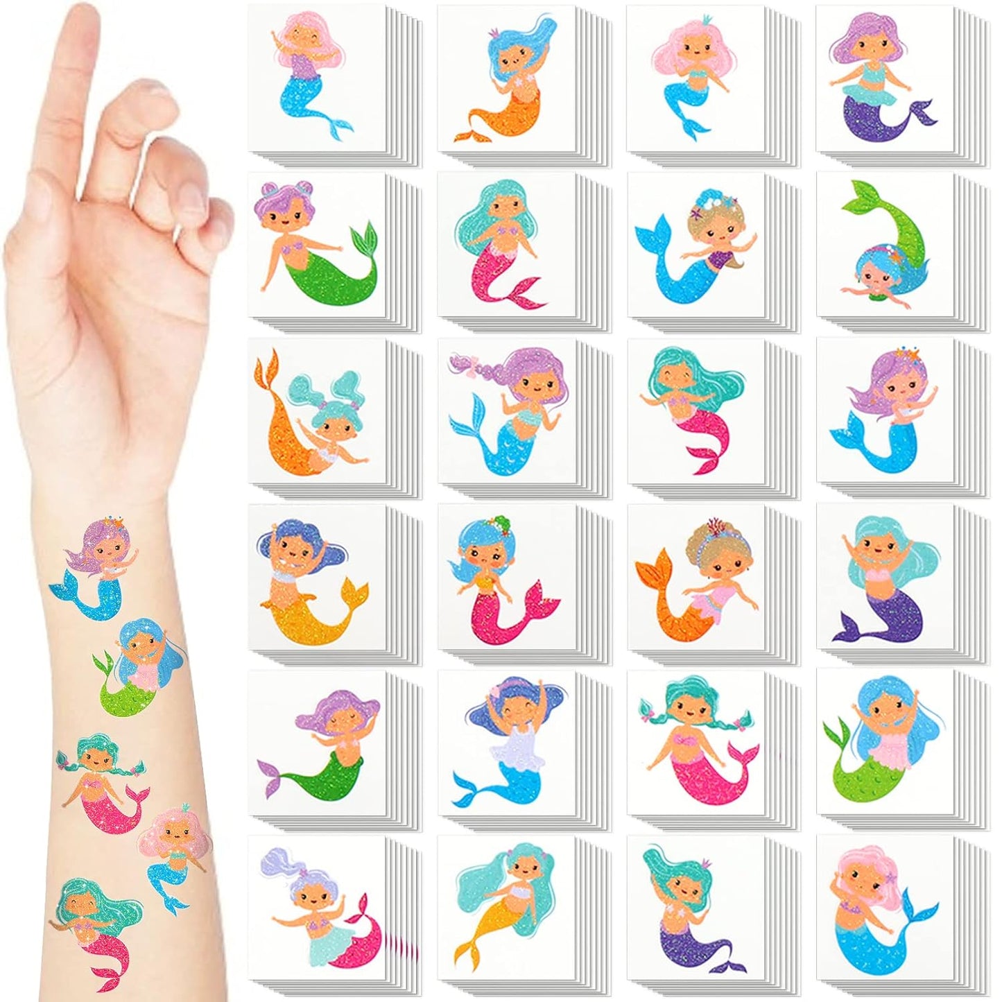 240 Pcs Glitter Mermaid Temporary Tattoos for Kids Mermaid Tattoos Party Favors Assorted Mermaid Tattoos Stickers for Girls Women Body Face Arm Mermaid Birthday Summer Beach Party Favors