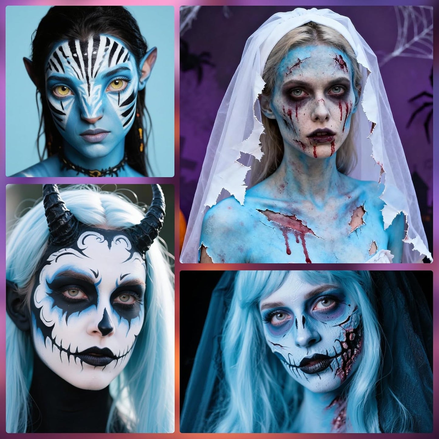 Light Blue Black White Oil Based Face Paint Kit with Painting Brushes, Professional Full Coverage Greasepaint for Adults Halloween Cosplay SFX Sally Corpse Bride Makeup Carnival Theater