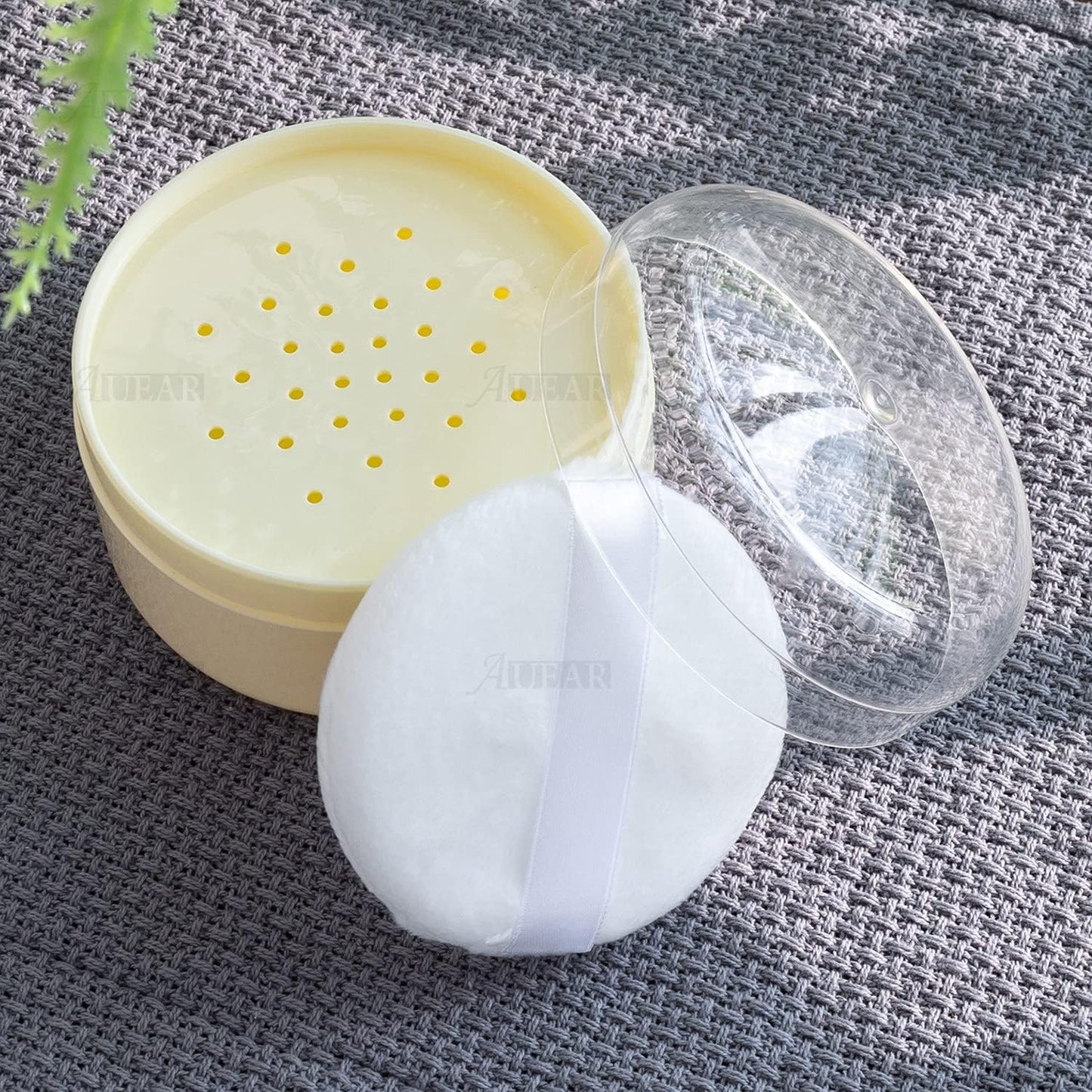 AUEAR, 2 Pcs After-Bath Empty Body Powder Container Puff Box with Powder Puff Sifter for Home and Travel (Yellow, 3.43" x 2.36")
